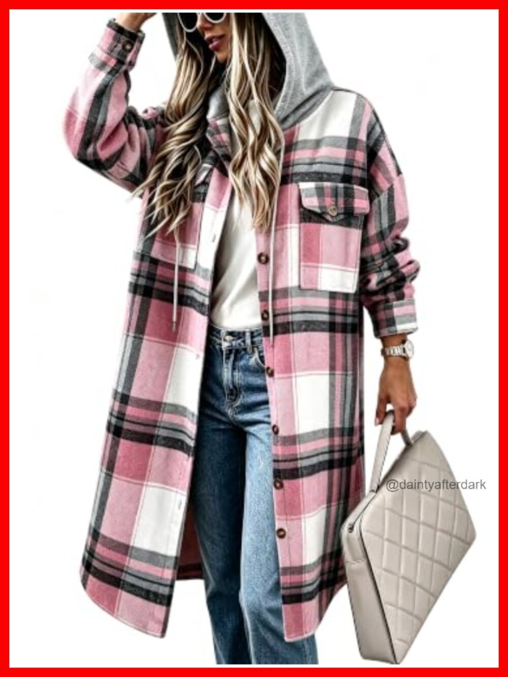 Oversized Long Plaid Flannel Hooded Shacket Button Front Jacket